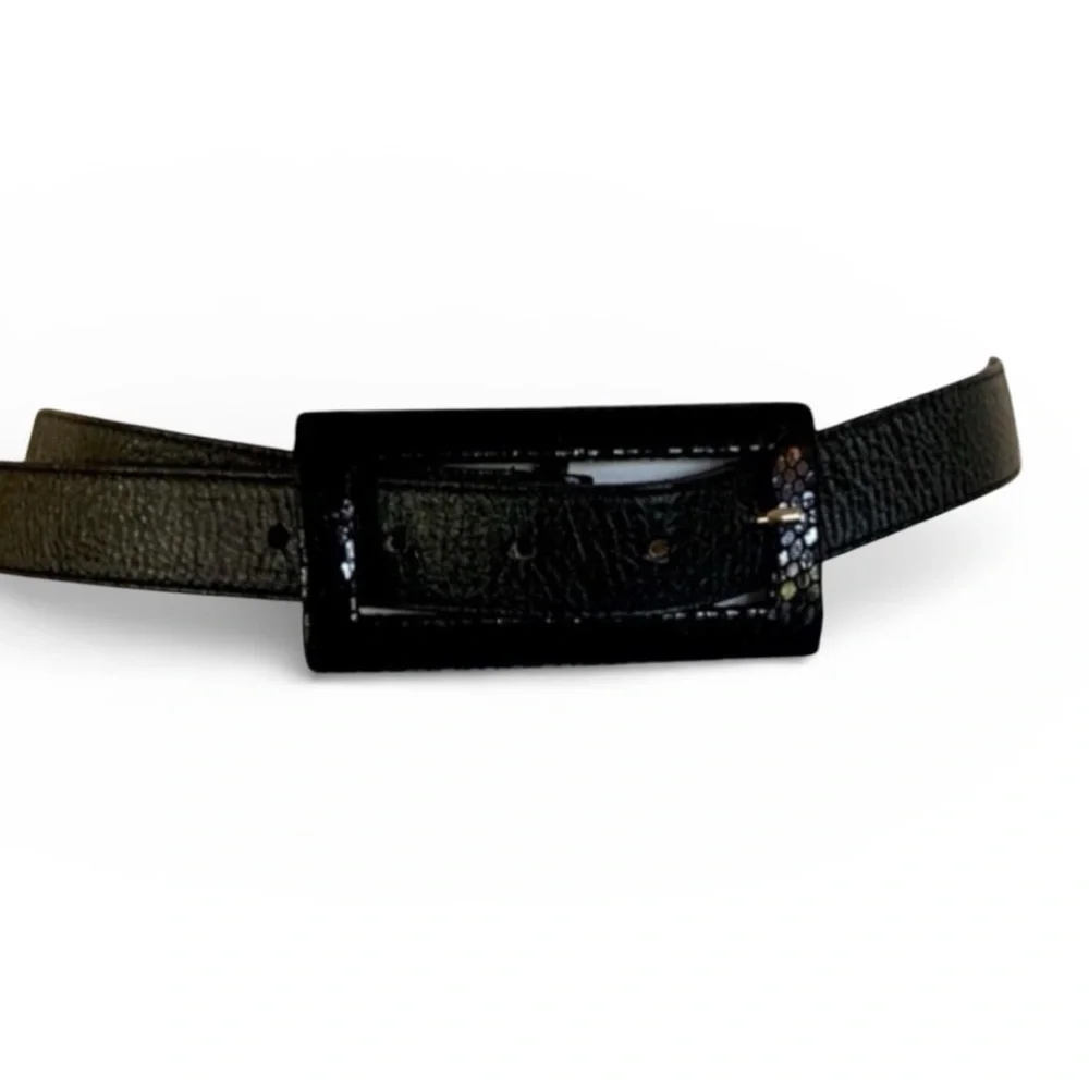 Leatherock Belt, 32, black leather, pebbled texture, wide snake print buckle EUC